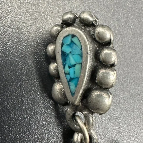 Buffalo Feather Drop Earrings Turquoise Inlay Western Silver Toned Metal - Picture 4 of 8